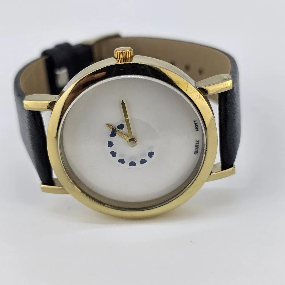 Women's Hearts Analog Watch 38MM White Dial Black Faux Leather Bands NEW Battery